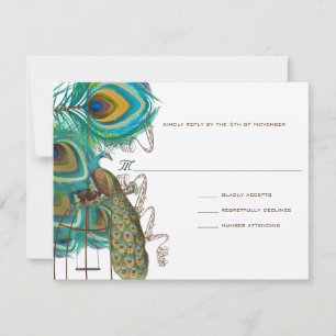 Musical Peacock Bird Cage Feather Wedidng RSVP Kaartje