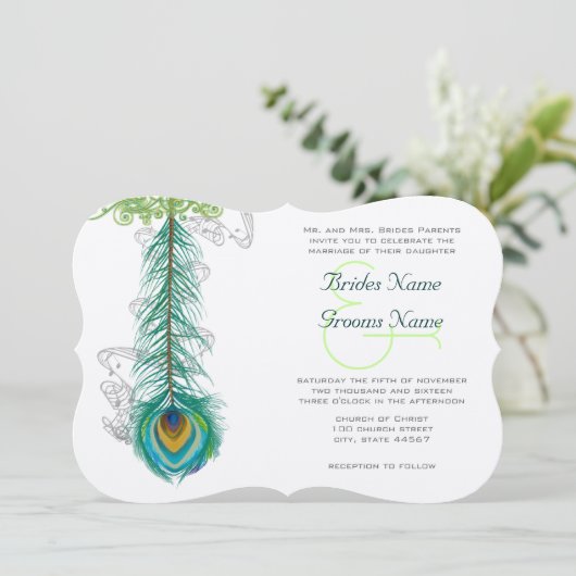 Musical Peacock Feather Wedidng Invitation Kaart (Staand voorkant)