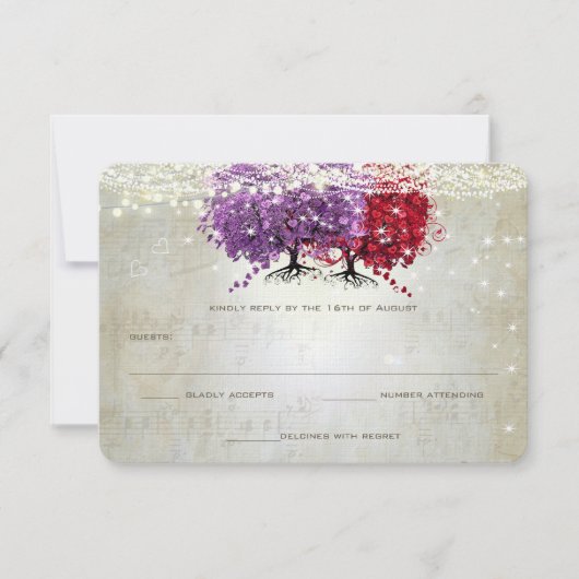 Musical Purple Red Heart Leaf Tree Mariage RSVP (Devant)