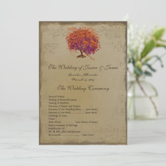 Musical Rustic Forest Red Heart Tree Wedding Programma (Staand voorkant)