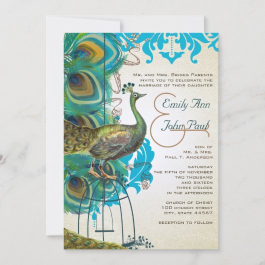 Musical Silver Peacock Bird Cage Feather Invites Kaart (Voorkant)