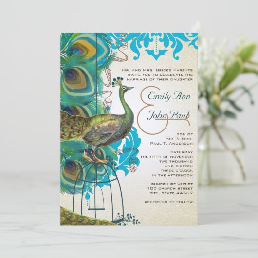 Musical Silver Peacock Bird Cage Feather Invites Kaart (Staand voorkant)