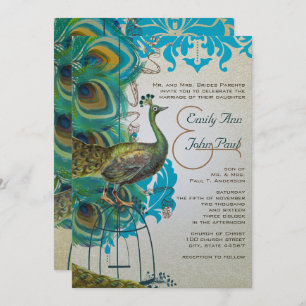 Musical Silver Peacock Bird Cage Feather Invites Kaart