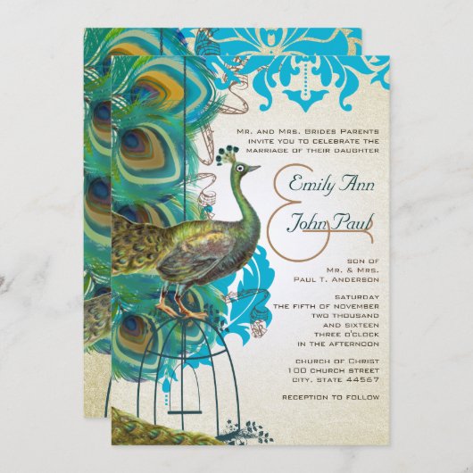 Musical Silver Peacock Bird Cage Invitations de pl (Devant / Derrière)