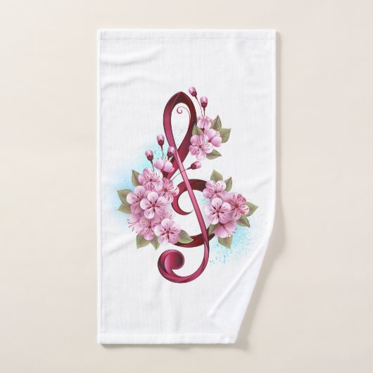 Musical treble clef notes with sakura flowers (Serviette à main)