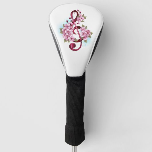 Musical treble clef notes with Sakura flowers Golfheadcover (Voorkant)