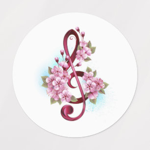 Musical treble clef notes with Sakura flowers Labels