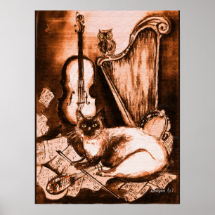 MUSICALE KAT EN UIL ,Bruin en Wit Poster
