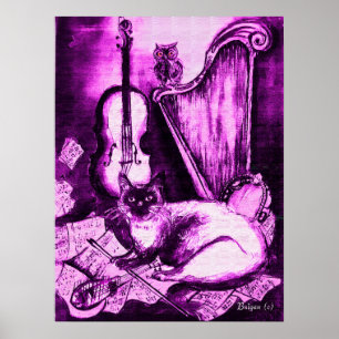 MUSICALE KAT ,Paars en Wit Poster