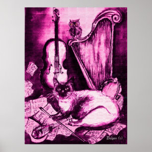MUSICALE KAT, Roze Paars en Wit Poster