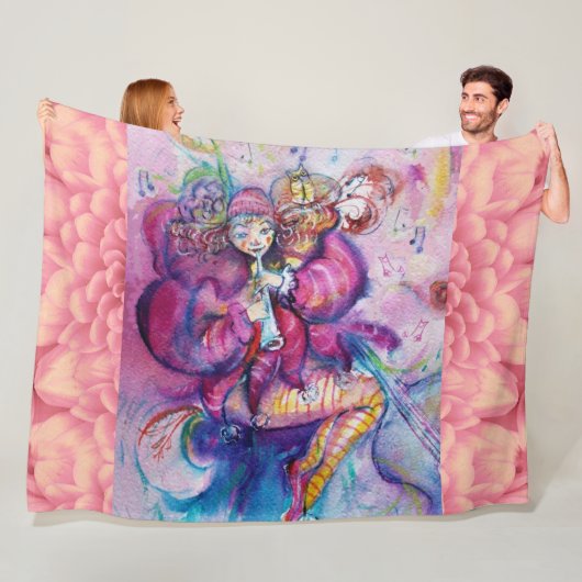 MUSICALE ROZE CLOWN MET UIL FLEECE DEKEN (In situ)