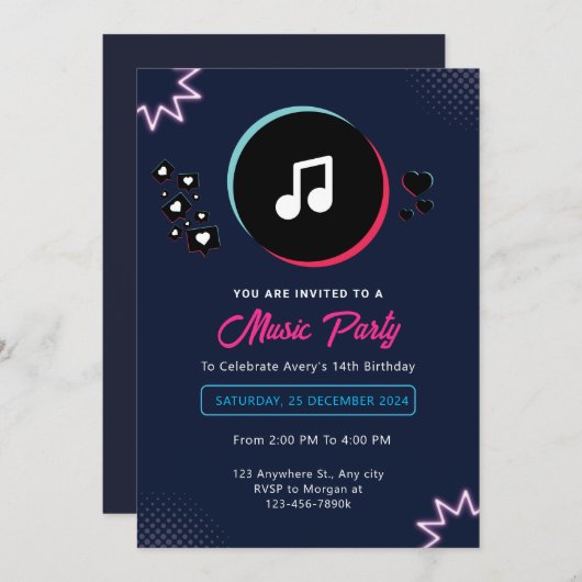 Musique Anniversaire Invitation (Devant / Derrière)