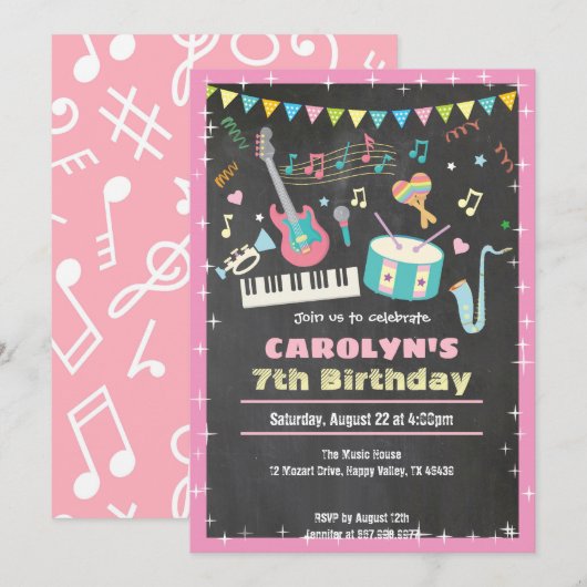 Musique anniversaire invitation pink chalkboard fi (Devant / Derrière)