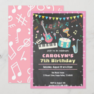 Musique anniversaire invitation pink chalkboard fi
