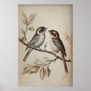 Mussen op Boom Print, Mus Rustieke Cottagecore Poster