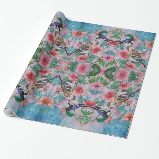 Mussen Wrapping Papier Vogels en Bloemen (Uitgerold)