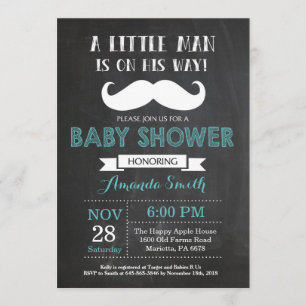 Mustache Baby shower Invitation Aqua en Grey Kaart