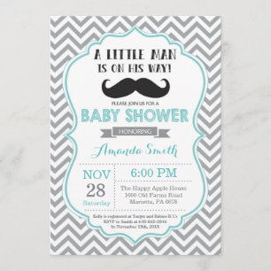Mustache Baby shower Invitation Aqua en Grey Kaart
