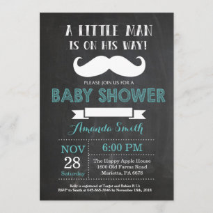 Mustache Baby shower Invitation Aqua en Grijs Kaart