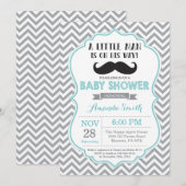 Mustache Baby shower Invitation Aqua en Grijs Kaart (Voorkant / Achterkant)