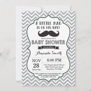 Mustache Baby shower Invitation Black en Grey Kaart