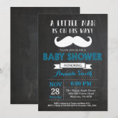Mustache Baby shower Invitation Blauw en Grijs Kaart (Voorkant / Achterkant)