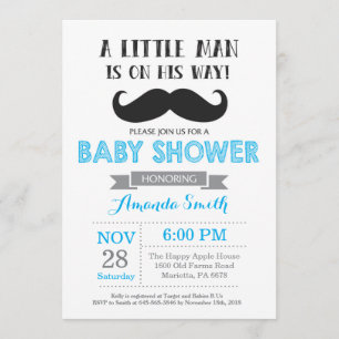 Mustache Baby shower Invitation Blue en Grey Kaart