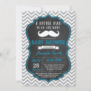 Mustache Baby shower Invitation Blue en Grey Kaart