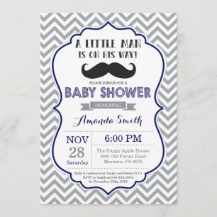 Mustache Baby shower Invitation Navy Blue en Grey Kaart