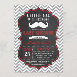 Mustache Baby shower Invitation Red en Grey Kaart