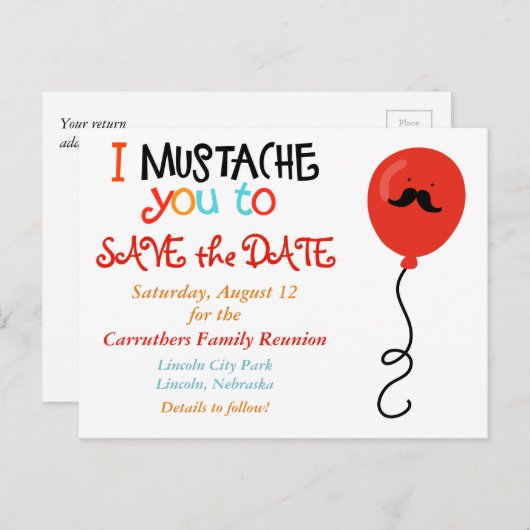 Mustache Balloon Family Reunion Save the Date Aankondigingskaart (Voorkant / Achterkant)