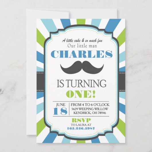 Mustache Bash Blue Birthday Invite Kaart (Voorkant)