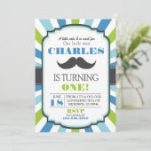 Mustache Bash Blue Birthday Invite Kaart (Staand voorkant)