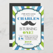 Mustache Bash Blue Birthday Invite Kaart (Voorkant / Achterkant)