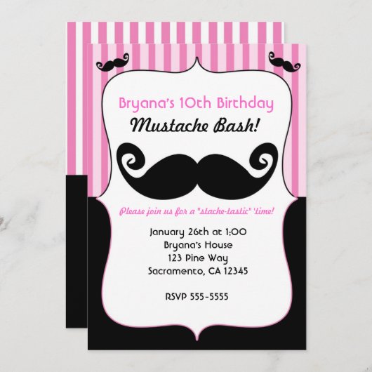 Mustache Bash Girls Rose Blanc Noir Invitations (Devant / Derrière)
