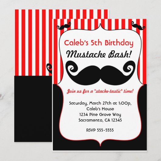 Mustache Bash Red White Black Striped Invitation (Devant / Derrière)