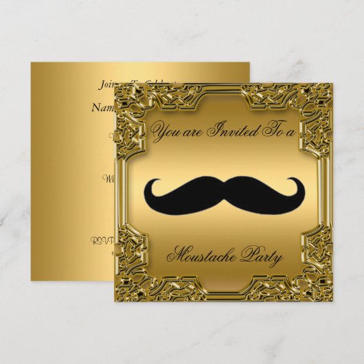 Mustache Birthday Party Invitation Gold Kaart (Voorkant / Achterkant)