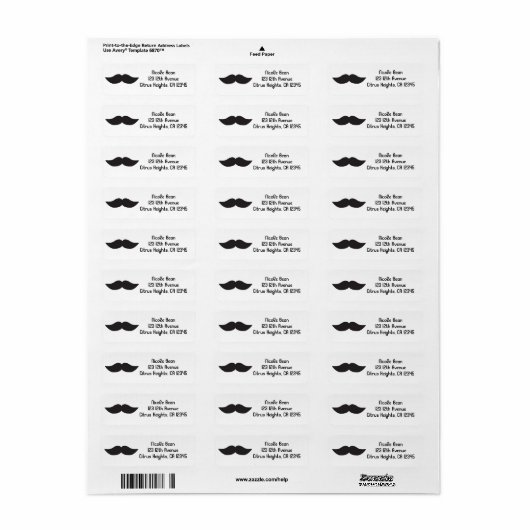 Mustache Black & White Modern Adresetiketten Etiket (Full Sheet)