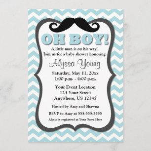 Mustache Blue Chevron Baby shower Invite Kaart