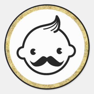 Mustache Boy Modern Gold Border Baby shower Ronde Sticker