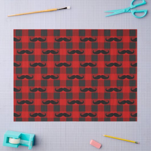 Mustache Buffalo Plaid Patroon Zwart en Rood Tissuepapier (Craft)