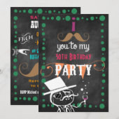 Mustache Chalkboard Birthday Party Kaart (Voorkant / Achterkant)