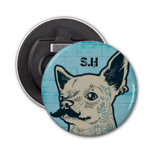 Mustache Chihuahua Graffiti Monogram Button Flesopener