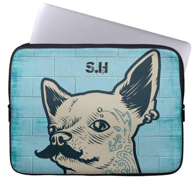 Mustache Chihuahua Graffiti Monogram Laptop Sleeve (Voorkant)