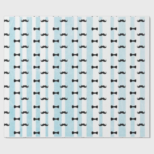 Mustache en Bow Stropdas Blauw en Wit Gestreept Ca Cadeaupapier (Vlak)