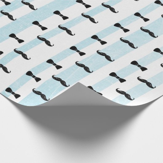 Mustache en Bow Stropdas Blauw en Wit Gestreept Ca Cadeaupapier (Hoek)