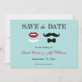 Mustache en Lips Aqua Stripe Save the Date Cards (Voorkant)