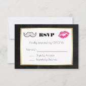 Mustache en Lips Black en Gold Wedding RSVP (Voorkant)