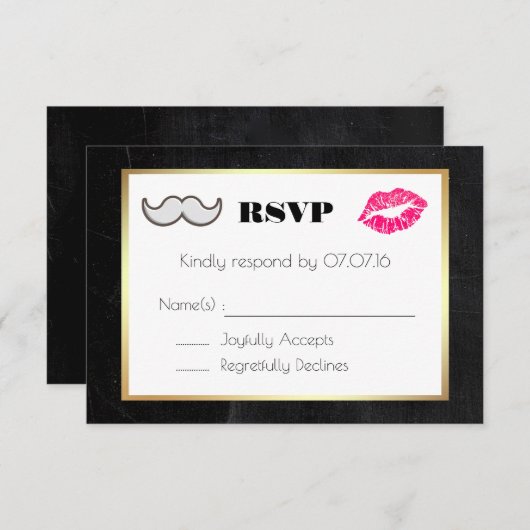 Mustache en Lips Black en Gold Wedding RSVP (Voorkant / Achterkant)