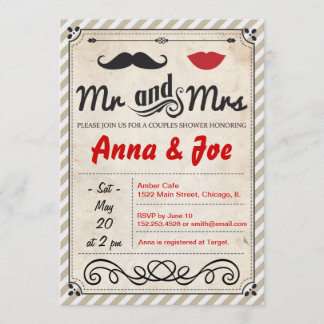 Mustache en Lips Couples Shower Invitation Kaart
